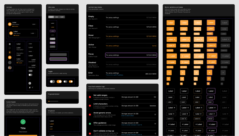 An orderly grid of various UI components and their interactive states