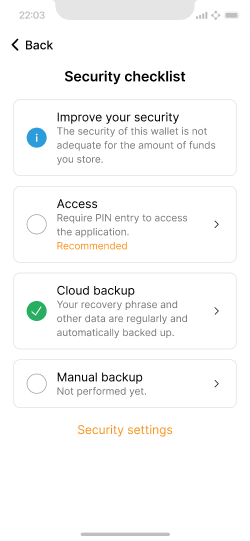 A security checklist screen with a note about the users security not being appropriate to their funds stored