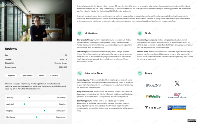 Persona sheet of Andrew describing personal situation, personal goals, motivations, jobs-to-be-done, and favorite brands.